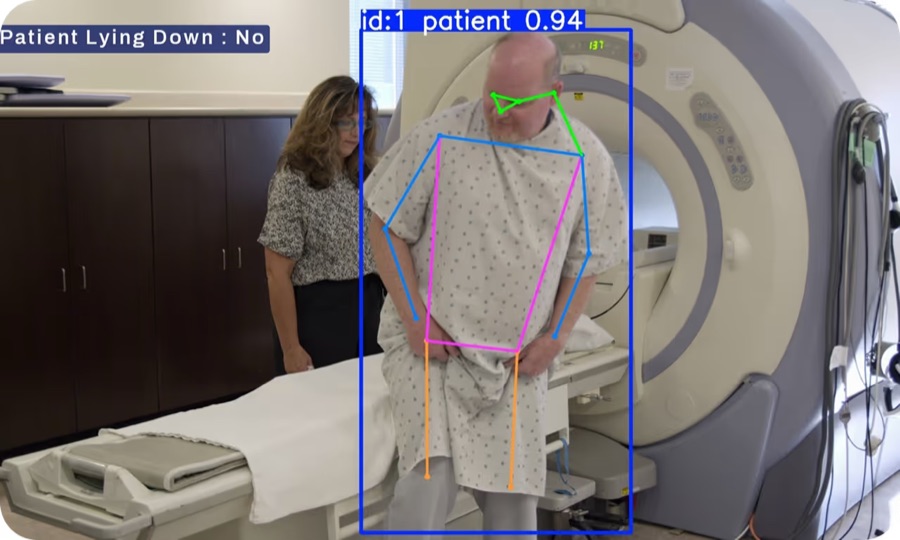 AI pose-estimation model monitoring a patient's posture in a clinical room